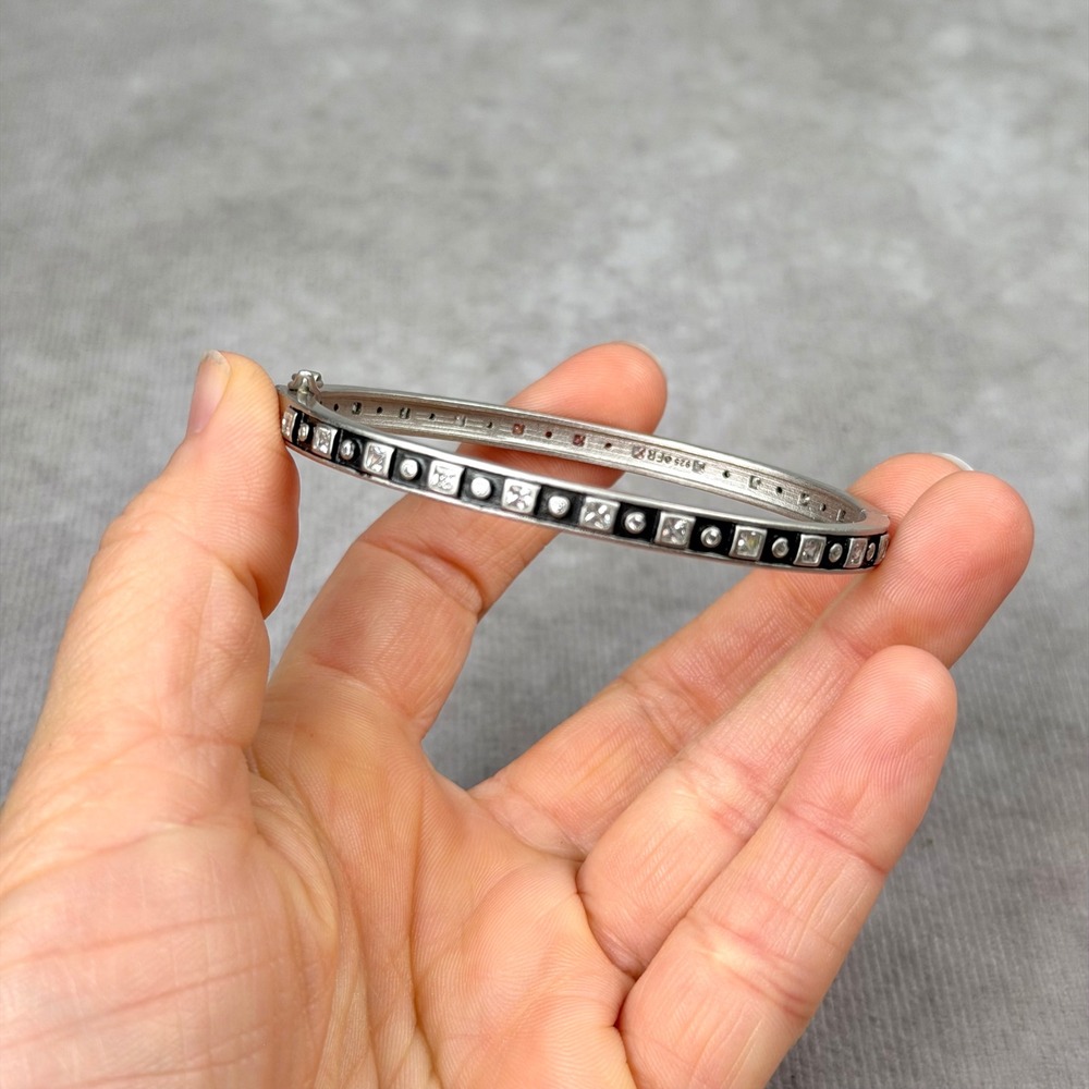 Freida Rothman Sterling Silver Black Rhodium CZ Hinge Oval Bangle Bracelet